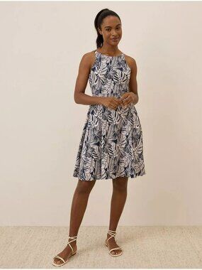 Pact Organic Cotton Fit & Flare Twist Back Dress Midnight Blue Palm (XL) NWOT
